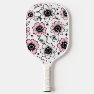 Palas De Pickleball Flores rosas y hojas diseño de esbozo