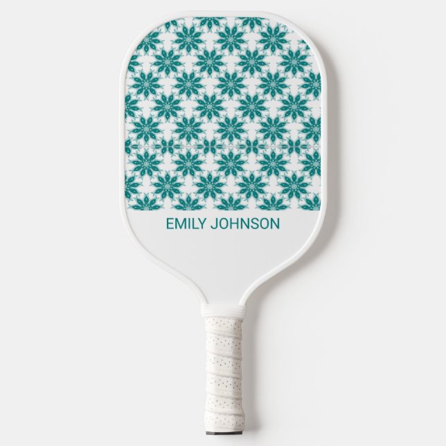 Palas De Pickleball flores verde azuladas nombre personalizado blanco (Anverso)