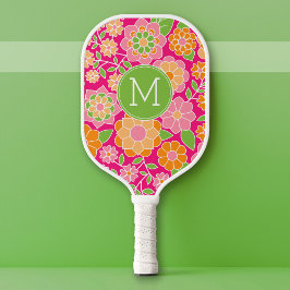 Palas De Pickleball Flores verdes Naranjas rosadas calientes con monog