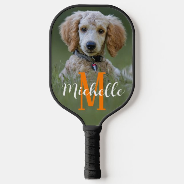 Palas De Pickleball Foto de perro Monograma moderno Nombre de guión Pe (Anverso)