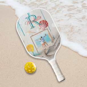 Palas De Pickleball Fotografía en Monograma de Madera de Playa Meteoro