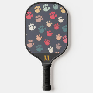 Palas De Pickleball Fun Black Colorum Monogram Dog Paw Pattern