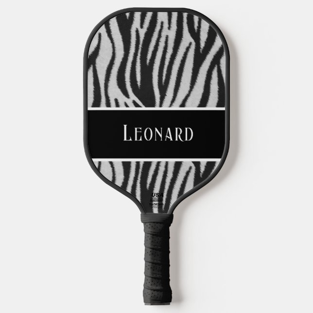 Palas De Pickleball Fun Black & White Faux Zebra Pattern with Name (Anverso)