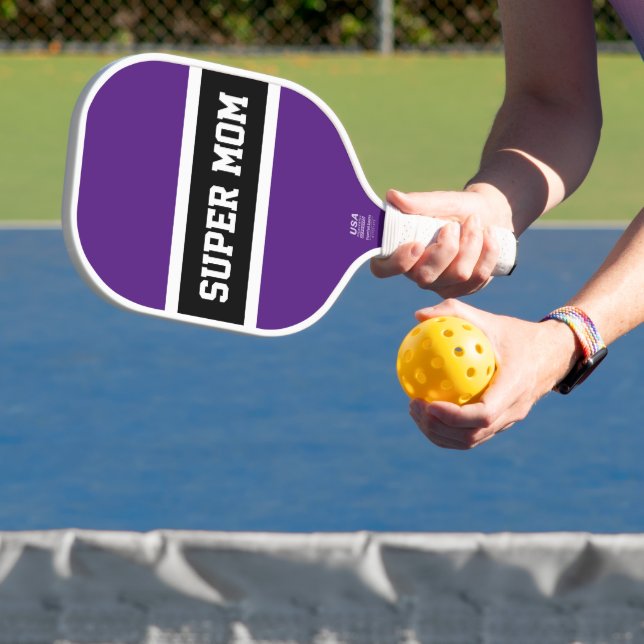 Palas De Pickleball Fun Purple Black Strips "SUPER MOM" Textos (in situ)