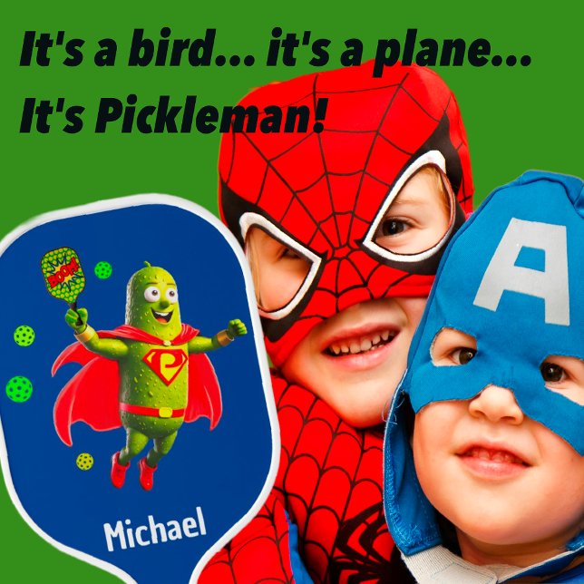 Palas De Pickleball Funny Super Pickleman sobre azul personalizado (It's Super Pickleman! Fun and Humorous Design for all ages, especially our younger players!)