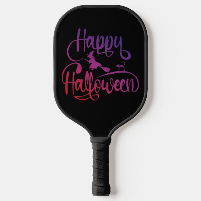 Palas De Pickleball Gato de bruja voladora feliz gradiente de Hallowee (Anverso)