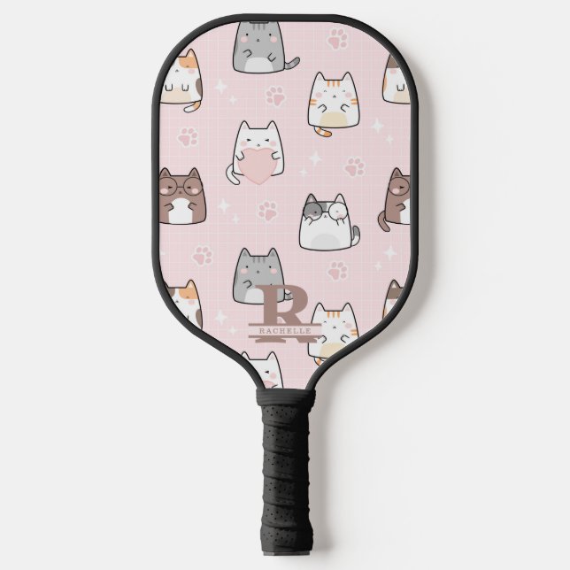 Palas De Pickleball Gato Kawaii de fondo rosado (Anverso)