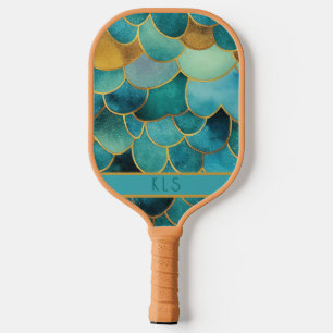 Palas De Pickleball Glam Mermaid Scales Verde azulados y Monograma de 
