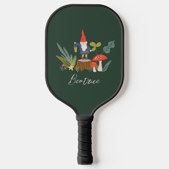Palas De Pickleball Gnome de Woodland y nombre personalizado (Anverso)