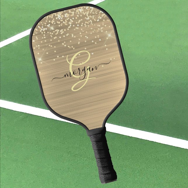 Palas De Pickleball Gold Glitter & Monogram, Black Script Name (Subido por el creador)