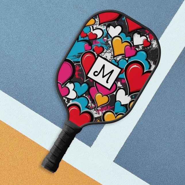 Palas De Pickleball Graffiti Hearts Street Art Cool Monogrammed (A monogrammed pickleball paddle with bright, colorful graffiti hearts design)