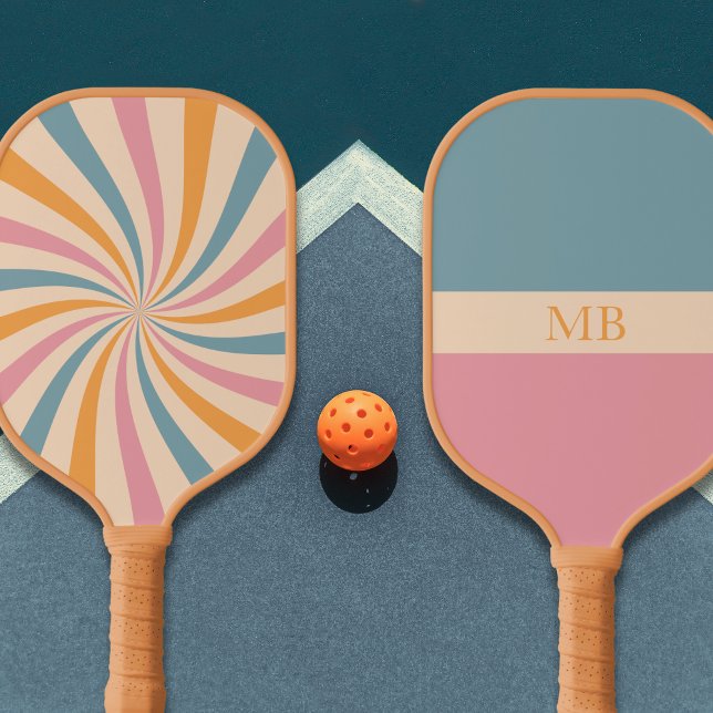 Palas De Pickleball Groovy patrón retro monograma estético azul rosado (Retro Vintage Groovy Monogrammed Pickleball Paddle - pink, blue, orange, beige)