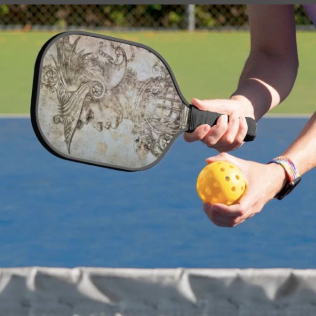Palas De Pickleball Guerrero con casco de Leonardo (Da Vinci’s Ancient Warrior Sketch pickle ball paddle hand wrapped grip honeycomb core 8 oz weight. )