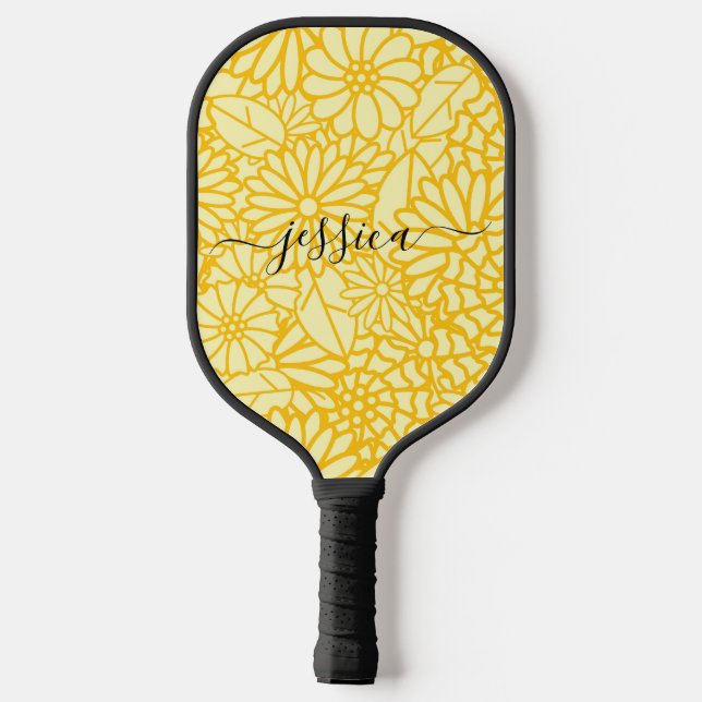 Palas De Pickleball Guión floral amarillo moderno nombre paddle pickle (Reverso )