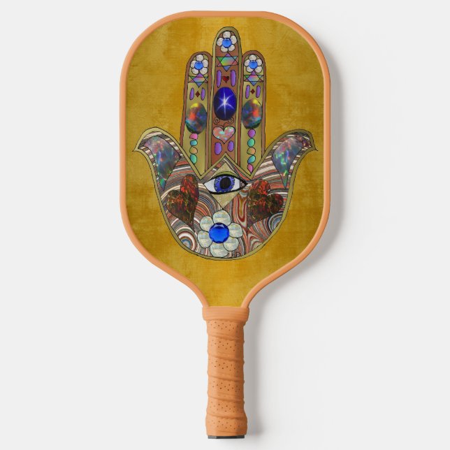 Palas De Pickleball Hamsa Hearts Flores: Arte Opal sobre Oro (Anverso)