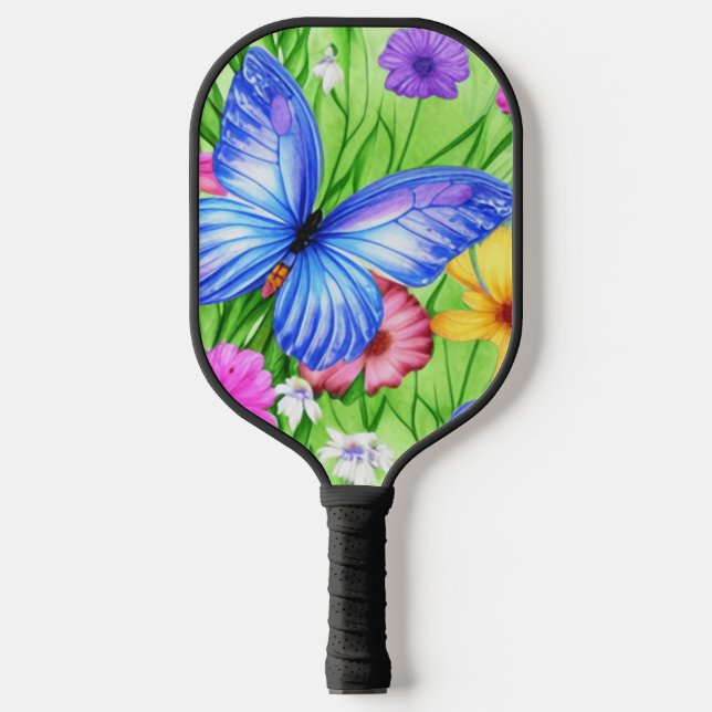 Palas De Pickleball Hermosa mariposa azul con flores acuarela (Anverso)