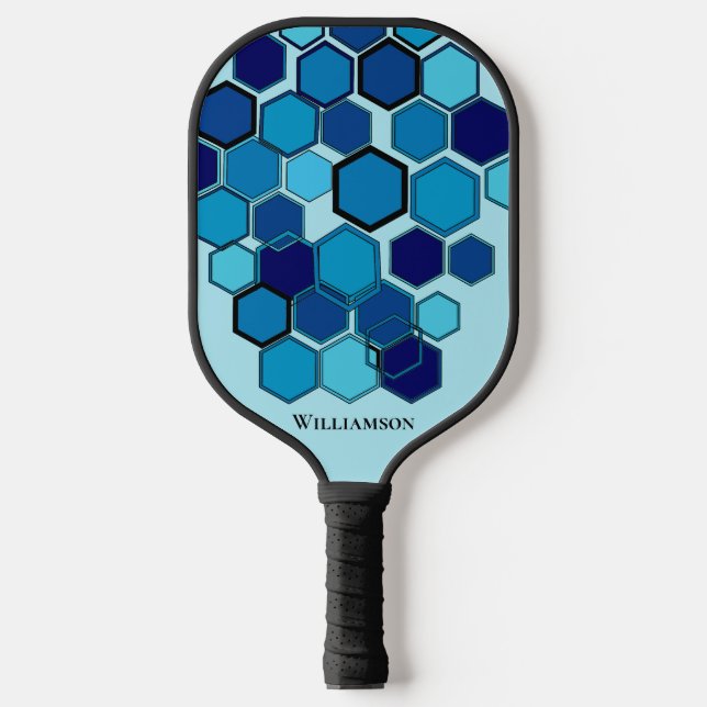 Palas De Pickleball Hex geométricos Fibra de carbono azul monograma gr (Anverso)