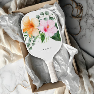 Palas De Pickleball Hibiscus floral de acuarela tropical con nombre