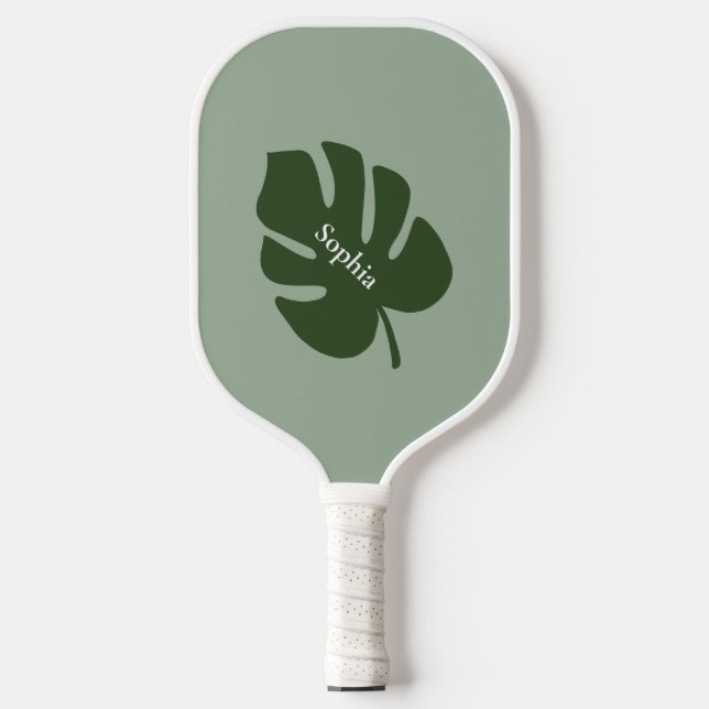 Palas De Pickleball Hoja de palma verde tropical | Monograma moderno (Anverso)