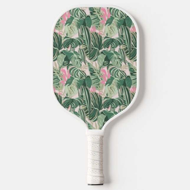 Palas De Pickleball Hojas tropicales verdes y rosas (Anverso)