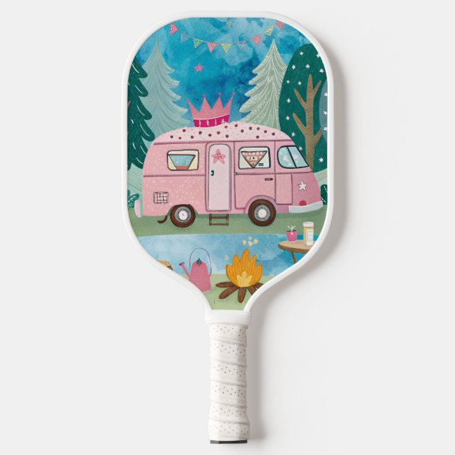 Palas De Pickleball Impresionante escena de Van Camping de Camper Rosa (Anverso)