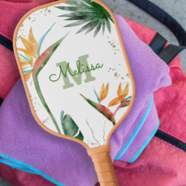 Palas De Pickleball Isla Tropical Monograma Floral Guión Oro Blanco