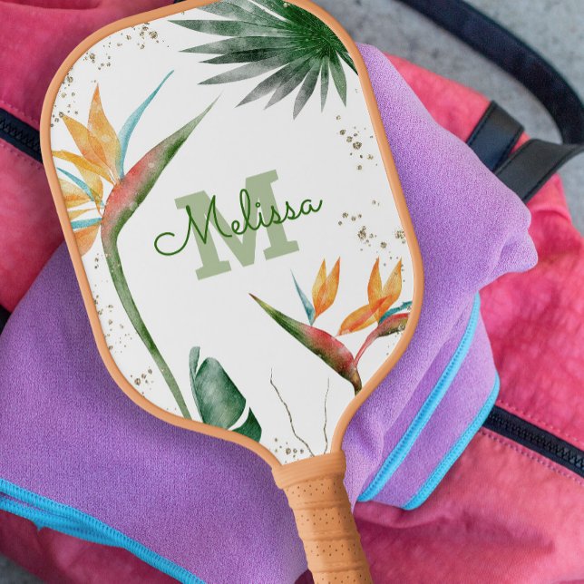 Palas De Pickleball Isla Tropical Monograma Floral Guión Oro Blanco (Subido por el creador)
