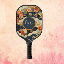 Palas De Pickleball Japanese Style Retro Teal Floral n Clouds Initial