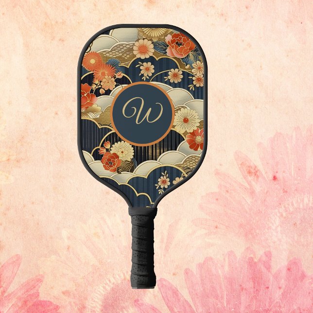 Palas De Pickleball Japanese Style Retro Teal Floral n Clouds Initial (Subido por el creador)