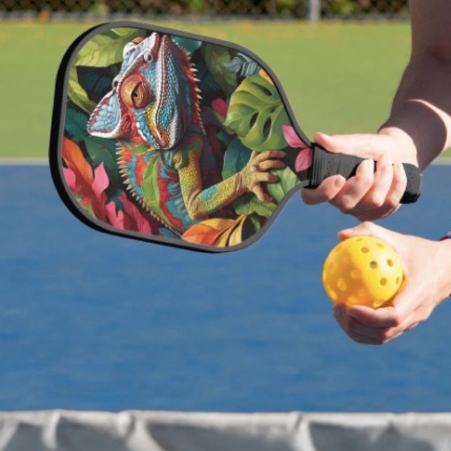 Palas De Pickleball Lagarto Hojas & Color  (Colourful Lizard Tropical Jungle Art pickleball paddle hand wrapped grip honeycomb core. 8 oz weight)