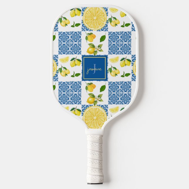 Palas De Pickleball Lemon Monogram Name French Country Tile Pattern (Anverso)