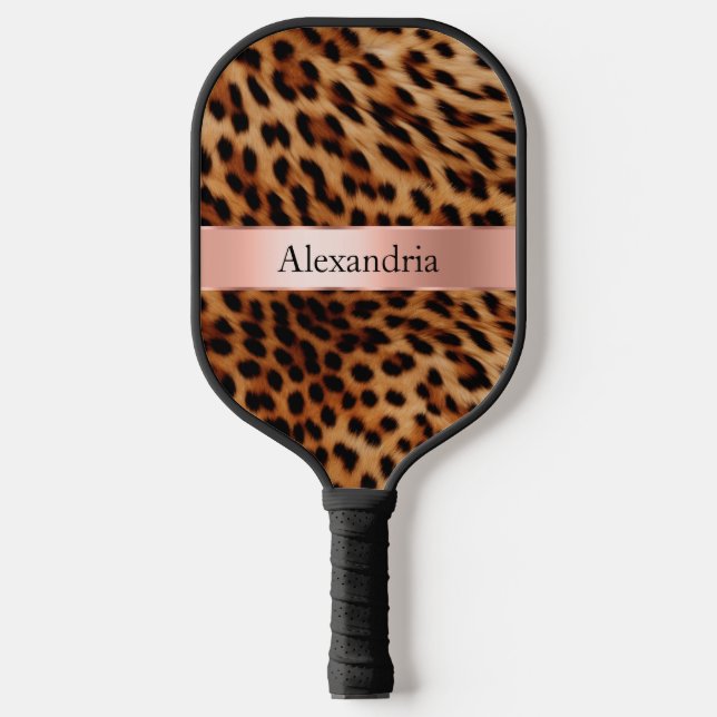 Palas De Pickleball Leopard Animal Rosa Rosa Ribbon Nombre (Anverso)