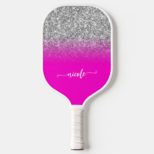 Palas De Pickleball Letra Moderna con Brillo Plateado y Ombre Rosa Neo