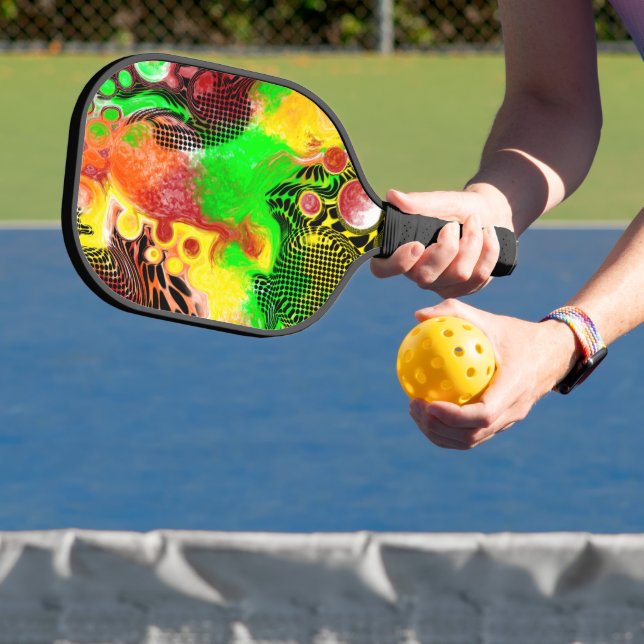 Palas De Pickleball Lime Green, Black Abstract Fluid Art (in situ)