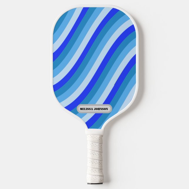 Palas De Pickleball Líneas de curvado retro en azul con nombre e inici (Anverso)