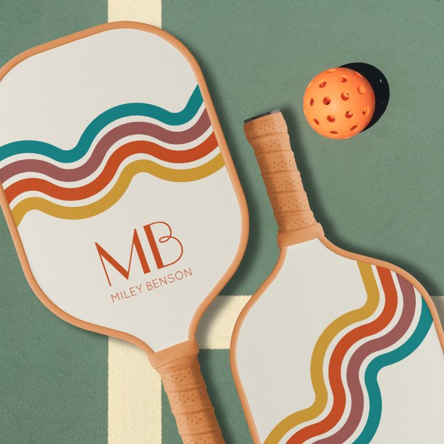 Palas De Pickleball Líneas onduladas retro estéticas monográficas (Retro Wavy Rainbow Personalized Pickleball Paddle)