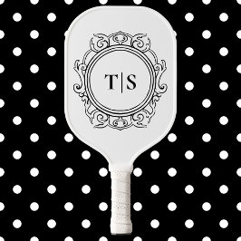 Palas De Pickleball Lujosa inicial de monograma blanco ornado vintage