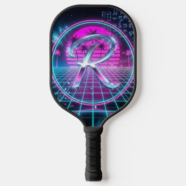 Palas De Pickleball Luxury Neon Chrome Initial Monogram Retro  (Anverso)