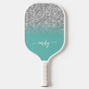 Palas De Pickleball Luz Turquesa Brillante Glitter Ombre Escritura Mod