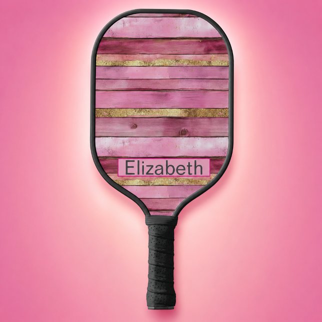Palas De Pickleball Madera Falsa Rústica Rosa y Dorada Personalizada (pink and gold rustic faux wood personalized pickleball paddle for women)