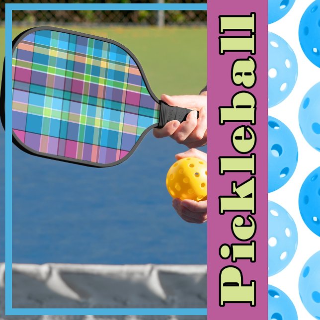 Palas De Pickleball Madrás azul, púrpura, verde, amarillo turquesa (Plaid Blue, Purple, Green, Yellow Turquoise Madras Pickleball Paddle)