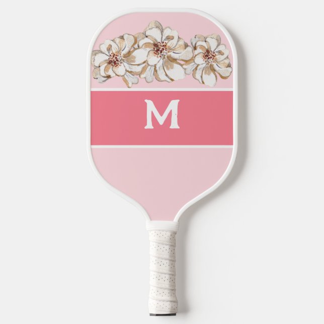 Palas De Pickleball Magnolia rosa personalizada monogramada (Anverso)