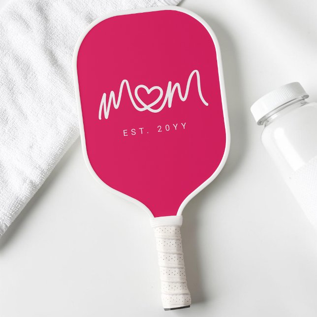 Palas De Pickleball Mamá Establecida Escritura Corazón Rosa Simple (Simple Hot Pink Heart Script Mom Established Est Pickleball Paddle)