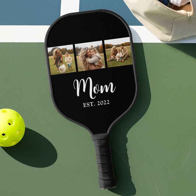 Palas De Pickleball Mamá Estableció Texto de Letra Moderna 3 Foto Negr (Mom established 3 photo design with elegant white script)
