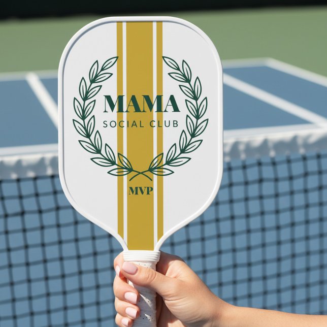 Palas De Pickleball Mama Social Club Monogram Wreath Preppy Stripes (Monogrammed pickleball paddle for preppy sporty mom by Darling & May)