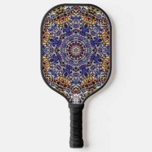 Palas De Pickleball Mandalá fractal psicodélico púrpura y amarillo