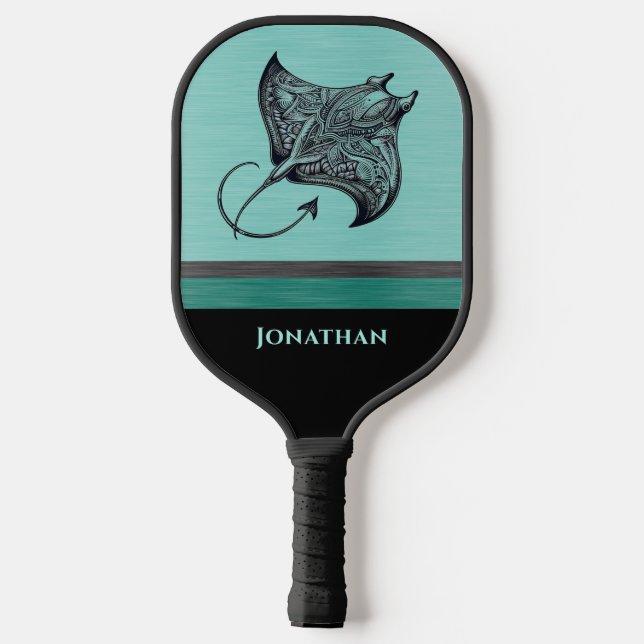 Palas De Pickleball Manta Ray on Teal Faux Brushed Metal Monogrammed (Reverso )