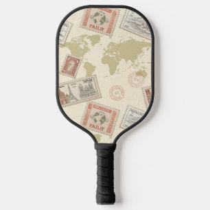 Palas De Pickleball Mapa Mundial de Sellos Postales Vintage de Viajes