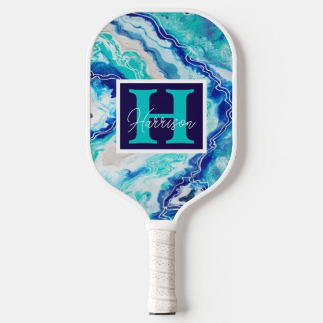 Palas De Pickleball Marble azul turquesa Monograma Personalizado (Anverso)