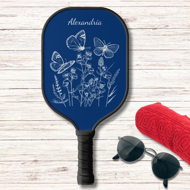 Palas De Pickleball Mariposas azules y blancas en monograma de flores  (Available in additional colors. )